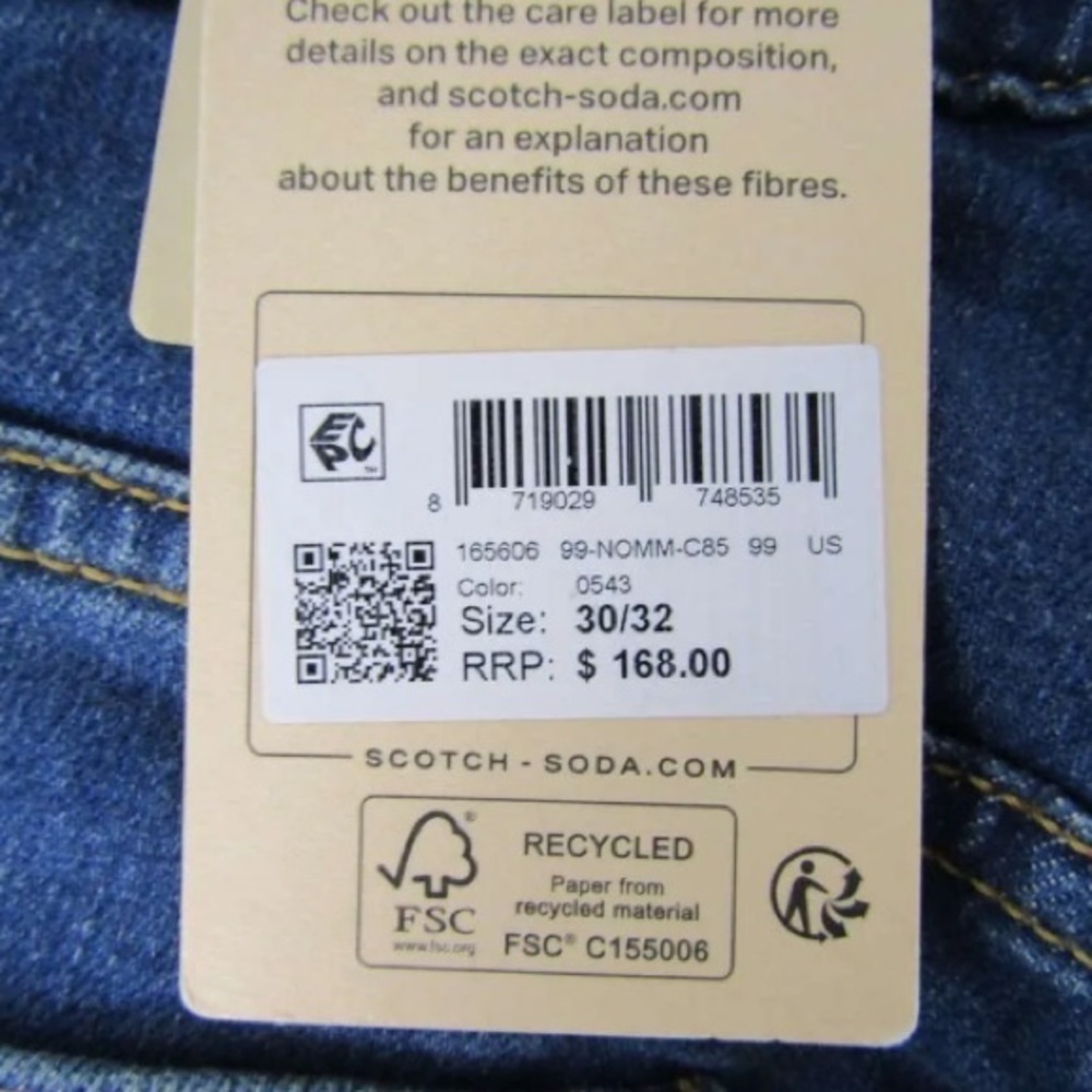 Scotch & Soda Men's US 30 x 32 Skim‎ Slim Denim Jeans 0543 Medium Blue NWT - Picture 11 of 11